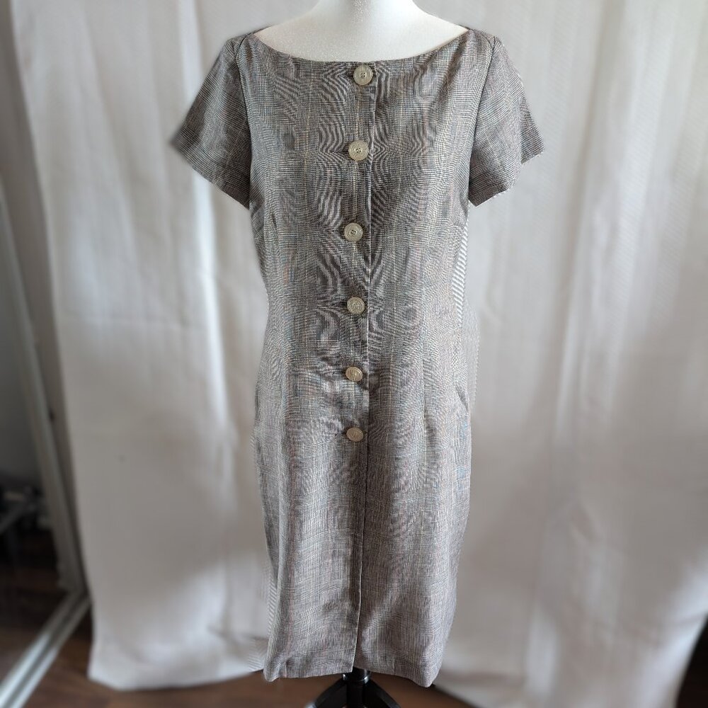 Ewanika Toronto Canada 100% Linen Plaid Button Down Dress Pockets Office Preppy